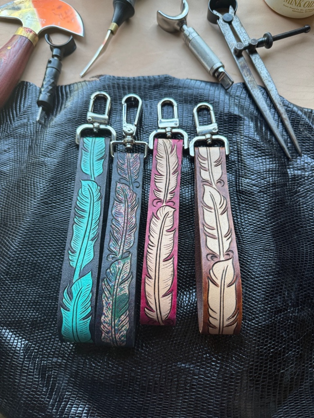 Handcrafted Leather Feather Key Wristlet - Multi Color Options